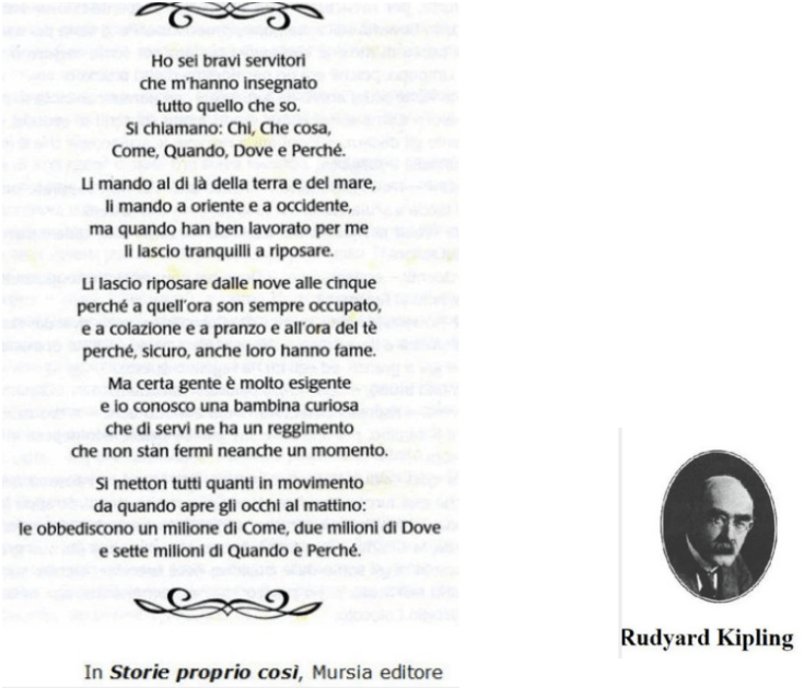 i sei amici che mi hanno insegnato tutto quello che so: CHI?  CHE COSA?  DOVE?  QUANDO?  COME?  PERCHE’, Rudyard Kipling, in Storie sempre così, Mursia&nbsp;editore